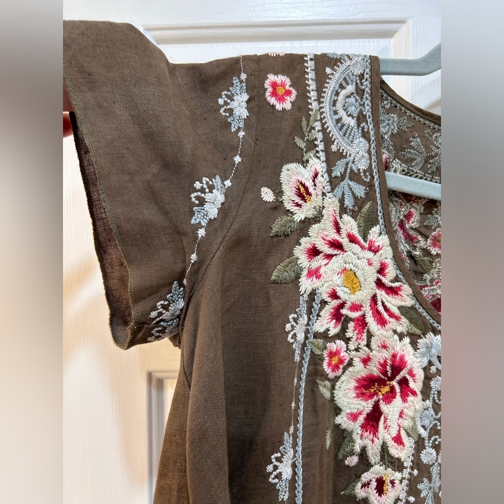 Johnny Was 100% Linen Heavily Embroidered Rustic Boho Tunic Top Sz s - Picture 4 of 12